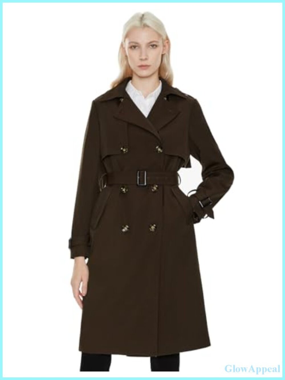 Women's Double-Breasted Long Trench Coat with Belt, Lightweight, Polyester Blend